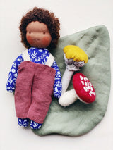 Forager Doll Set Blue Floral Body with Dark Skin Tone, Brown Hair, and Brown Eyes